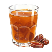 A Watercolor filled with a brown liquid and dates beside it sitting against a plain transparent area here now on transparent background png