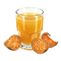A reWatercoloring Watercolor of bael juice with sliced bael fruit arranged around the Watercolor on a plain surface on transparent background png