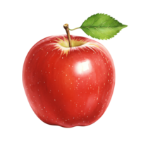 A vibrant red apple with a Watercolor green leaf against a plain backdrop in a studio setting view on transparent background png