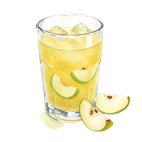 A Watercolor filled with yellow liquid and ice cubes with apple slices on a plain color backdrop image view on transparent background png