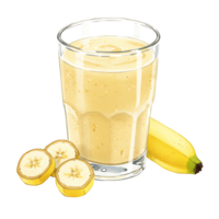 A Watercolor filled with a yellow smoothie next to sliced bananas and a whole banana on a transparent surface on transparent background png