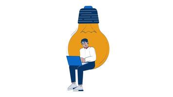 Professional arab man working on startup idea hand drawn whiteboard animation. Innovation job. Creative entrepreneur in giant lightbulb animated doodle handdrawn concept pencil drawing 4K video