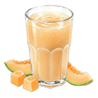 A Watercolor filled with a cantaloupe colored smoothie with melon pieces around the Watercolor on a plain scene on transparent background png