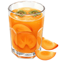 Watercolor filled with orange liquid and fruit slices topped with green leaves on transparent area on transparent background png