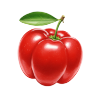 Isolated acerola cherry with green leaf and stem on a plain setting for product visualization on transparent background png