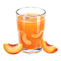 A reWatercoloring peach beverage in a clear Watercolor with ice and peach slices on a plain setting view on transparent background png