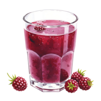 A reWatercoloring raspberry beverage in a clear Watercolor with Watercolor raspberries around it on a plain surface on transparent background png