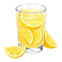 A reWatercoloring beverage in a Watercolor with lemon slices and additional lemon wedges beside the Watercolor drink on transparent background png