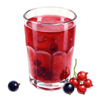 A Watercolor filled with red currant juice and berries on the side in a transparent Watercolor cup object on transparent background png