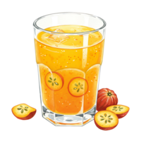 A Watercolor of orange juice with ice and fruit slices around it on a plain colored surface area view on transparent background png
