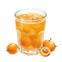 A reWatercoloring beverage in a Watercolor with ice and fruit pieces next to whole and halved loquats on the side on transparent background png