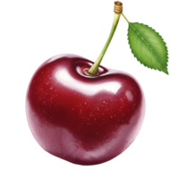 A Watercolor cherry with a stem and leaf against a plain backdrop in a studio setting for advertising use on transparent background png