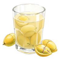 A Watercolor filled with ambarella fruit in juice and some fruits beside it on a transparent surface on transparent background png