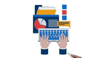Business task management hand drawn whiteboard animation. Project manager hands typing on keyboard, charts check boxes productivity animated doodle handdrawn concept pencil drawing 4K video