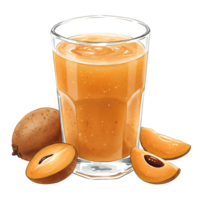 A Watercolor of sapodilla juice with whole and sliced sapodilla fruits on a transparent surface near the Watercolor on transparent background png