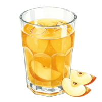 A Watercolor filled with an orange liquid containing ice and apple slices with two apple slices beside it on transparent background png