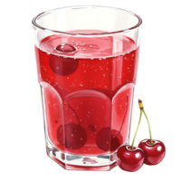 A reWatercoloring beverage in a Watercolor with cherries floating and two cherries on the side with stems attached on transparent background png