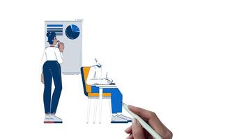 Diverse team analyzing business charts in office hand drawn whiteboard animation. Collaborative strategy. Analysts brainstorming animated 2D characters doodle art, pencil drawing scribble 4K video