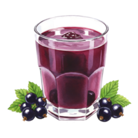 A Watercolor of purple juice with berries and leaves sitting in front of the Watercolor on a plain setting on transparent background png