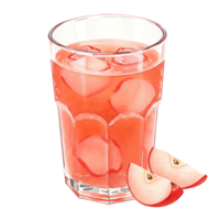 Tall Watercolor of pink liquid with ice cubes and two apple slices on a plain background image view on transparent background png