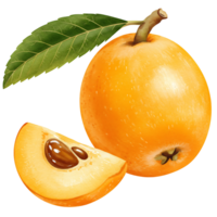 A Watercolor loquat fruit with a leaf and a slice on a plane, simple, and clean presentation style image on transparent background png