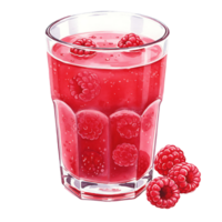 Raspberry beverage in a clear Watercolor with whole raspberries floating and next to the Watercolor on a surface on transparent background png