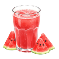 Tall Watercolor of watermelon juice with ice and watermelon slices displayed on a plain surface on transparent background png