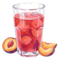 A reWatercoloring plum beverage with ice cubes in a clear Watercolor next to sliced plums on a plain setting on transparent background png