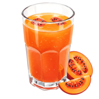 A Watercolor of orange juice with pieces of fruit and fruit slices on the side of the Watercolor drink shown on transparent background png
