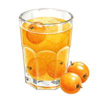 A Watercolor of orange juice with fruit and ice cubes on a white surface, reWatercoloring and visually appealing drink on transparent background png