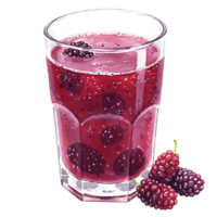 A Watercolor filled with a vibrant red mulberry drink and several berries beside the Watercolor on a plain setting on transparent background png