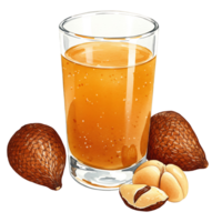 A Watercolor of juice with salak fruit and peeled salak fruit pieces arranged around the Watercolor container on transparent background png