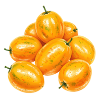 A Watercolor of seven yellow fruits with green stems arranged in a pile against a plain backdrop view image on transparent background png
