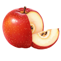 A vibrant red apple with a slice removed revealing its core and seeds on a plain colored space on transparent background png