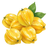A Watercolor of vibrant yellow star fruits arranged together with some green leaves on a plain setting on transparent background png