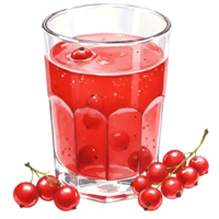 A Watercolor of red currant juice with berries inside and a sprig of currants beside the Watercolor drink on transparent background png