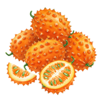 A vibrant display of horned melons with sliced pieces revealing the inner seeds and juicy pulp inside on transparent background png