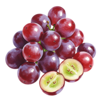 A cluster of ripe grapes with one grape cut in half showing the inside on a plain backdrop on transparent background png