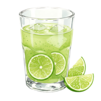 ReWatercoloring lime beverage in a Watercolor with ice cubes and lime slices on a plain presentation space on transparent background png