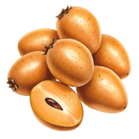 A Watercolor of sapodilla fruits stacked together with one fruit cut open showing the seed inside the fruit on transparent background png