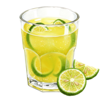 A reWatercoloring beverage in a Watercolor with lime slices and a vibrant yellow liquid on a plain setting on transparent background png