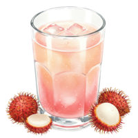 A reWatercoloring Watercolor of pink drink with ice cubes and rambutan fruits placed around the base of the Watercolor on transparent background png
