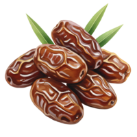A pile of six dates with green leaves behind them on a plain colored area around the dates on transparent background png