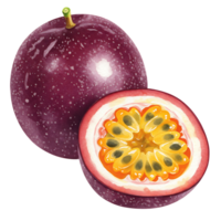 A passion fruit and a half passion fruit with pulp and seeds are shown on a plain background on transparent background png