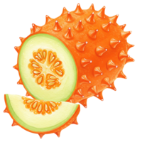 A vibrant depiction of a horned melon with slices revealing its unique interior structure and texture close up on transparent background png
