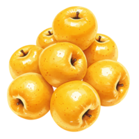 A Watercolor of seven yellow apples stacked together on top of each other in a triangular arrangement close up on transparent background png
