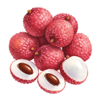 A cluster of lychee fruits with textured pink skin and some cut open showing the seed and pulp inside on transparent background png