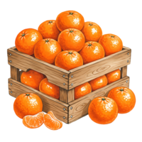 A Watercolor crate filled with many tangerines and some segments are placed near the crate on the surface on transparent background png