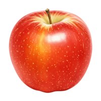 A vibrant red apple with a stem and speckled surface against a plain solid color backdrop view from front on transparent background png