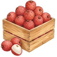 A Watercolor crate filled with Watercolor lychees and some scattered around the crate on the surface on transparent background png